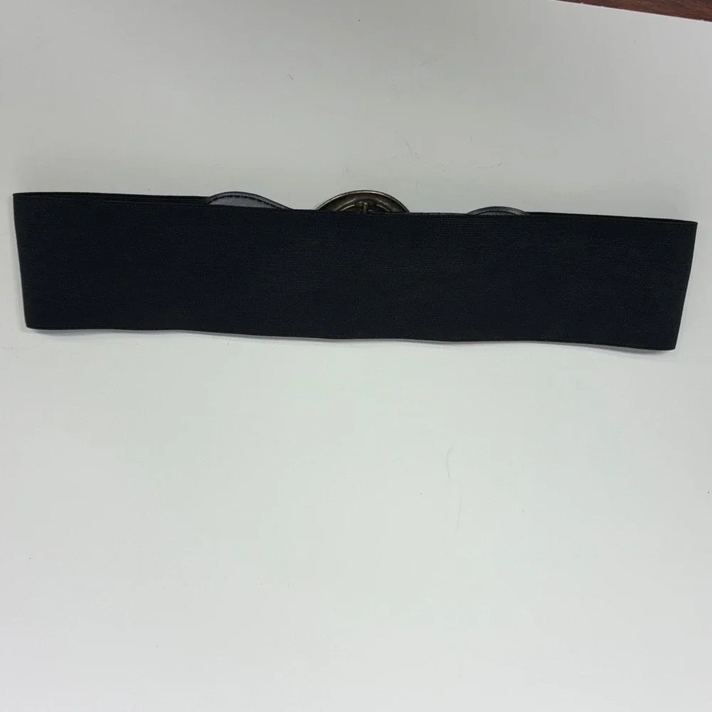 Lake Shore Drive Belt Womens ML Black Elastic Ostrich Print Ornate Brass Buckle
